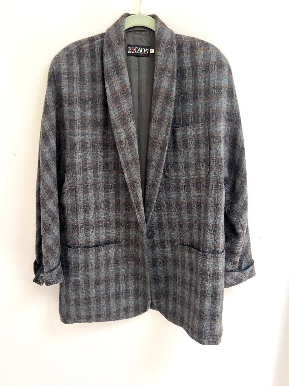 Vintage Escada Western Germany Plaid Tweed Shawl Collar Oversized Blazer 38